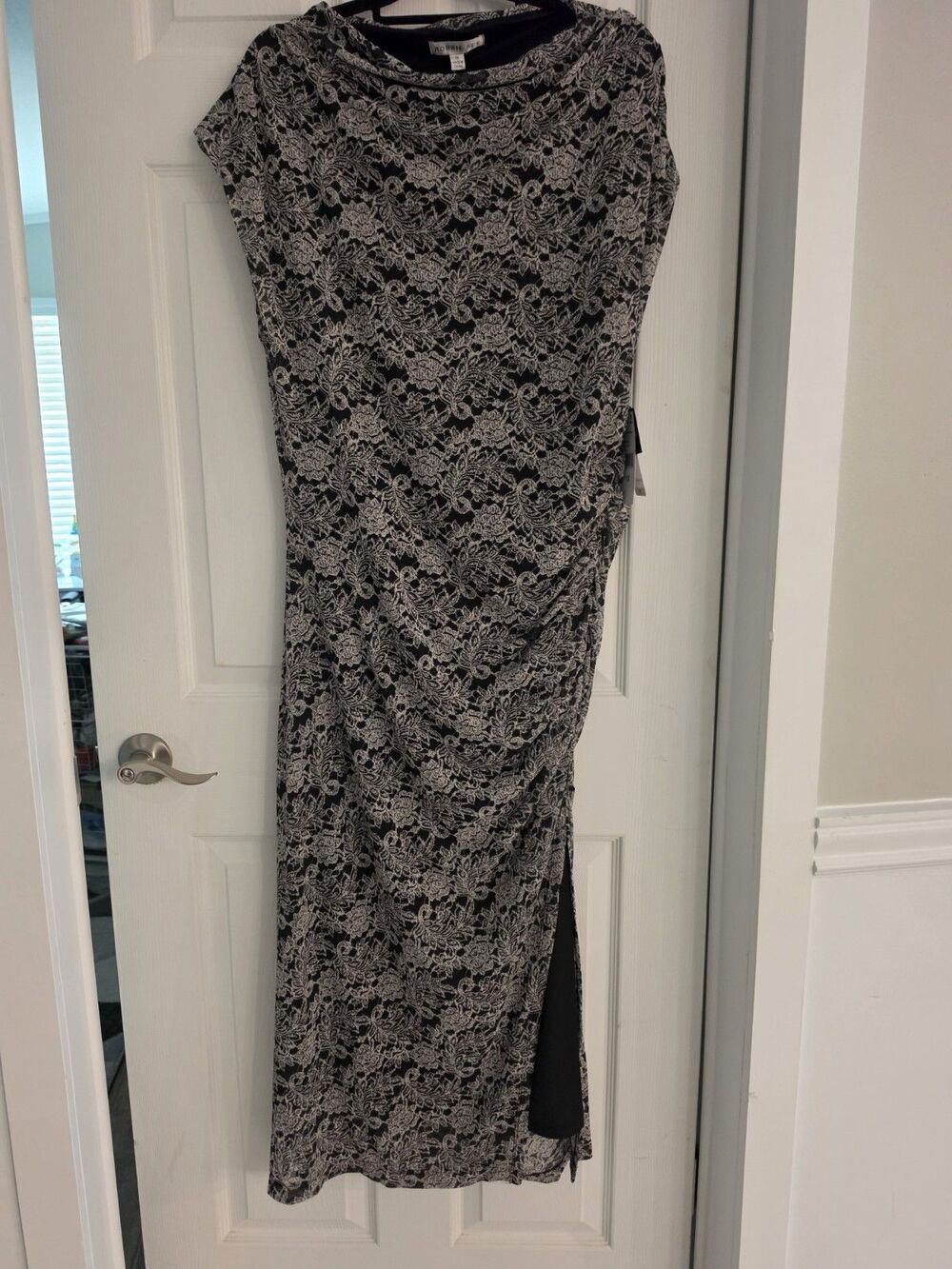 NWT Robbie Bee Plus Size 1X Black Ivory Lace Ruched Cowl Neck Maxi Dress Gown